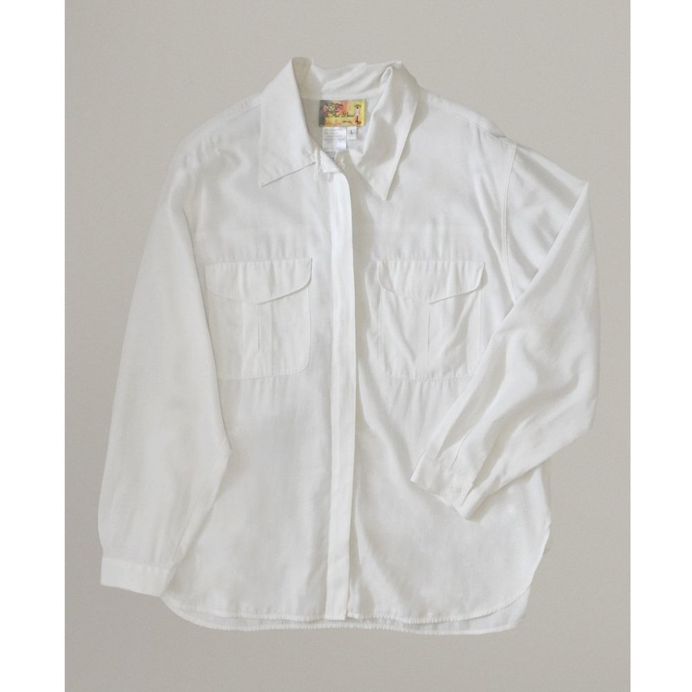 Fred David chemise white button front shirt with flap pockets 70s 80s